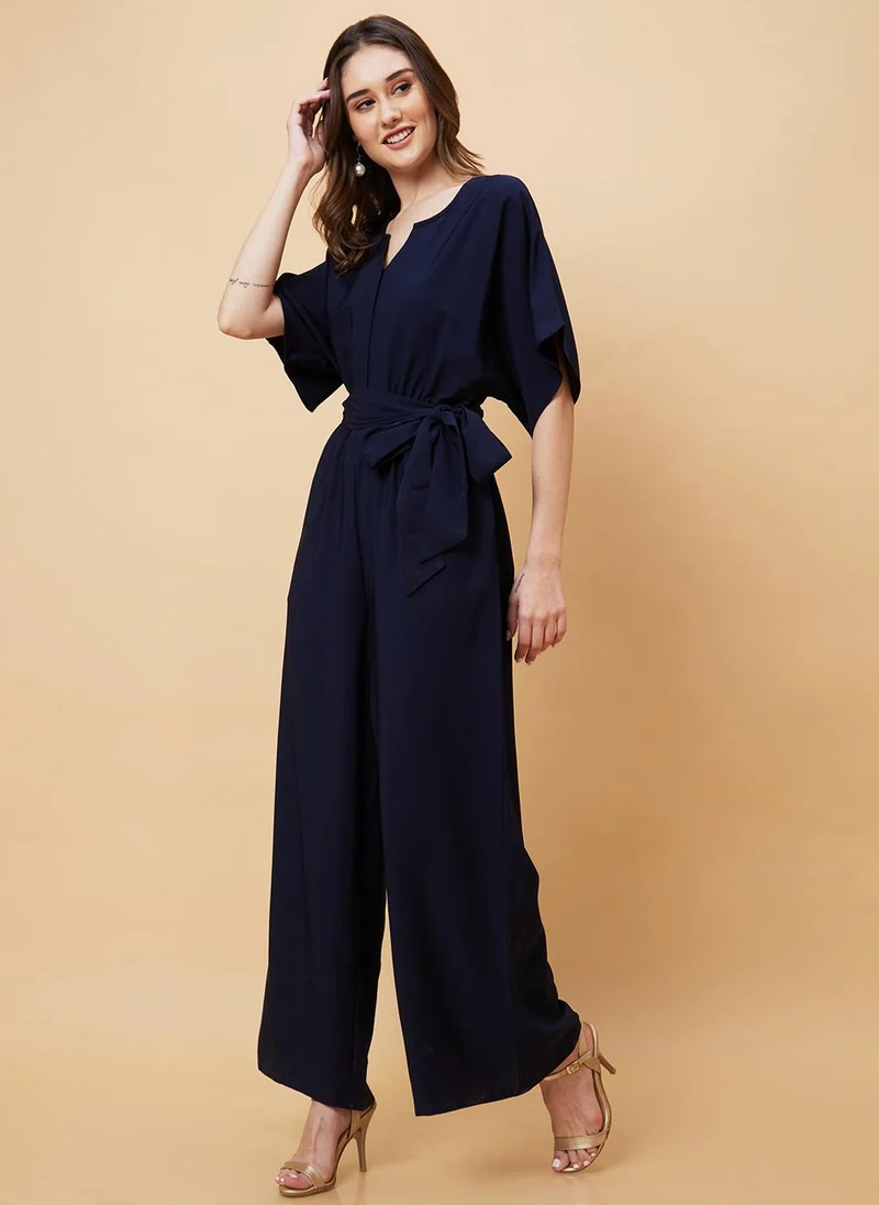 globus Navy Globus Women V Cut & Kimono Sleeves Waist Tie-Up Longline Jumpsuit for Women | Best Price UAE